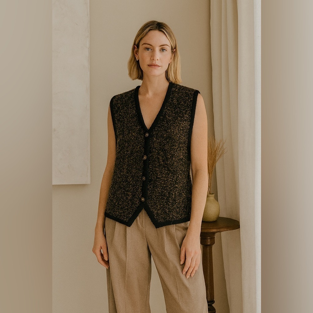 Vintage Sweater Vest Marella Multicolour Tweed Black V Neck Gold Button Size S​​